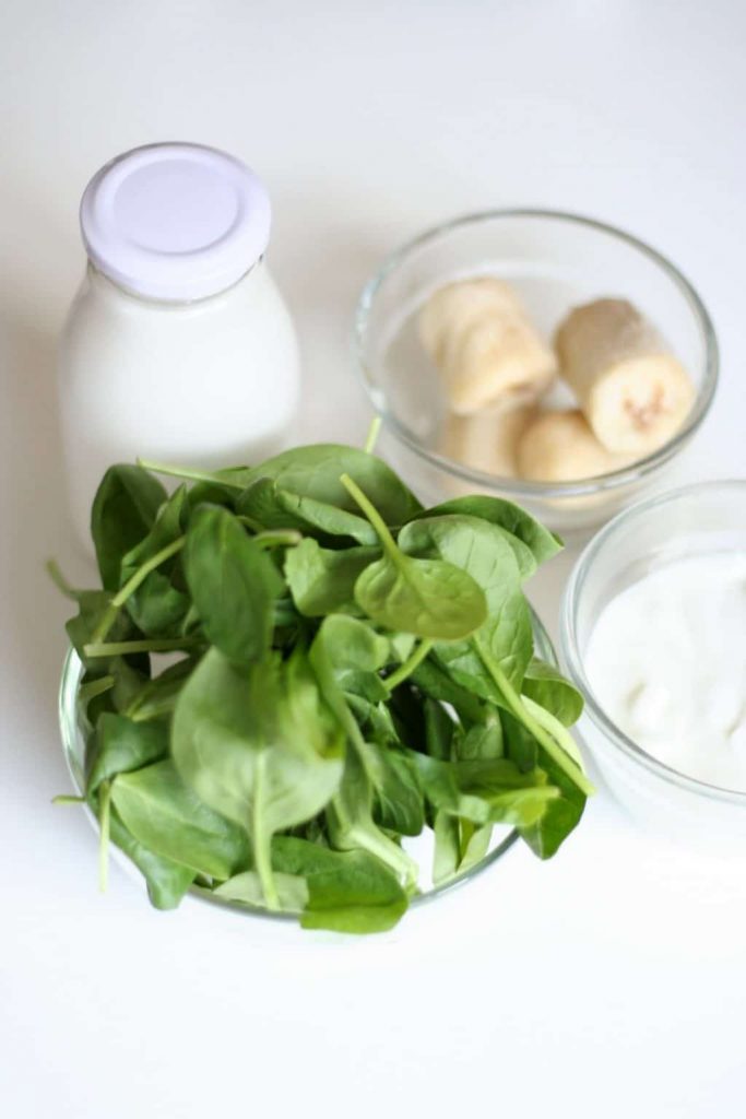 A great beginner smoothie with spinach, milk, banana and yogurt.