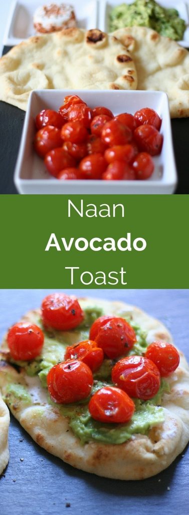 Avocado, roasted tomatoes and goat cheese make these naan avocado toasts out of this world delicious.