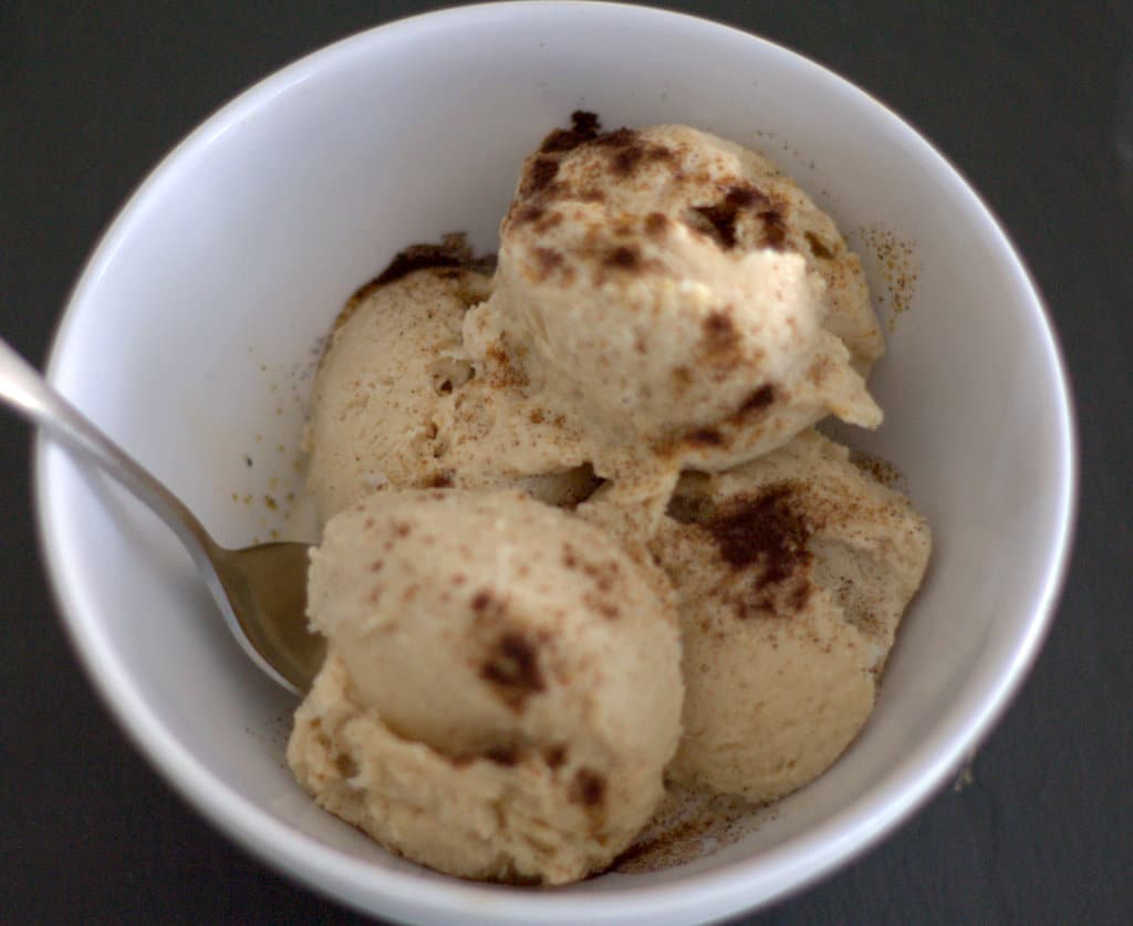 salted caramel ice cream in bowl with spoon