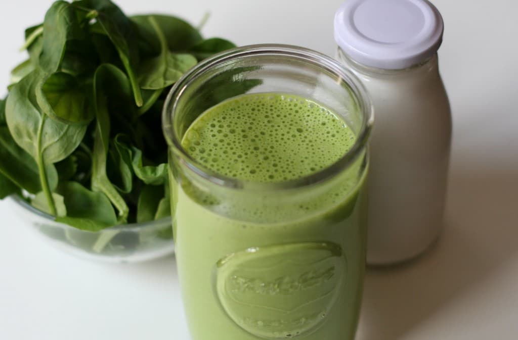 A great beginner smoothie with spinach, milk, banana and yogurt.