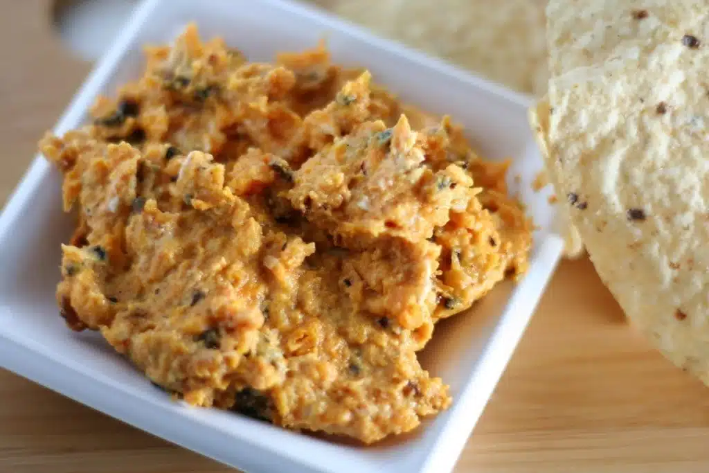 sweet potato dip in white serving dish