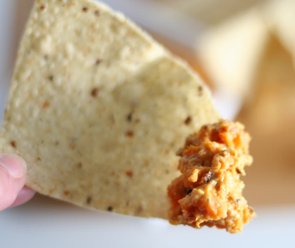 Sweet potato dip on tortilla chip