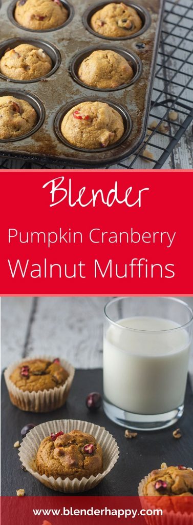 Blender Pumpkin Cranberry Walnut Muffins will make you want to wear cozy sweaters and embrace the Fall Season. Easy to make and easy to clean up.