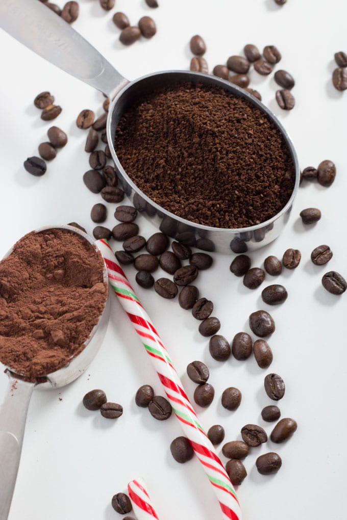 Coffee beans, candy cane and cocoa make a great peppermint mocha coffee.