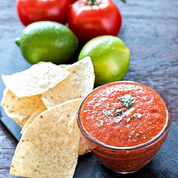 Easy roasted restaurant style salsa is quick and simple to make and has a nice surprising kick.