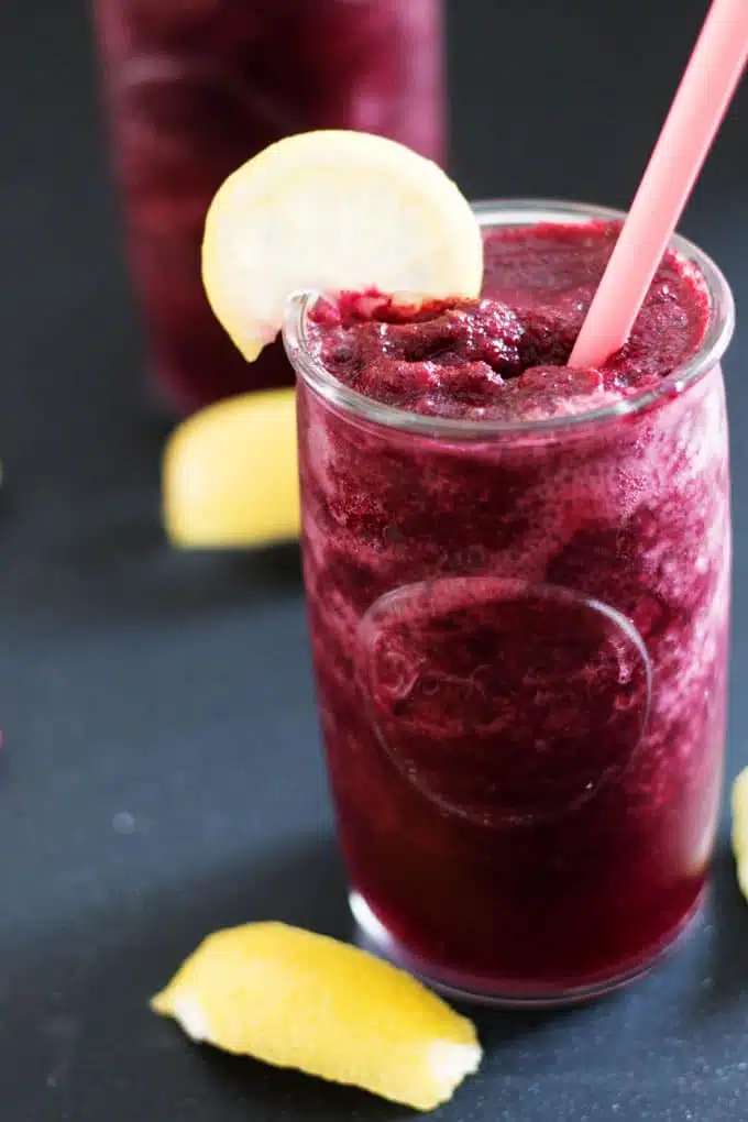 Why not add some nutrient rich blueberries to this twist on lemonade? This frozen blueberry lemonade is the perfect, easy drink for summer.