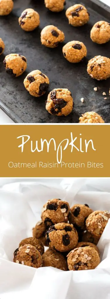 Easy to make vegan, sugar free, pumpkin raisin oatmeal protein bites. Omit the optional walnuts for the perfect lunch box addition.