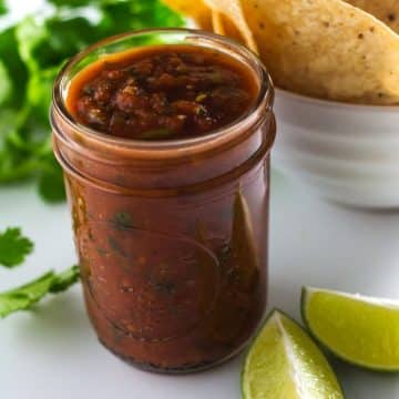 Chipotle and Jalapeno give this restaurant style salsa heat but it is kicked up a notch with fresh cilantro and lime juice.