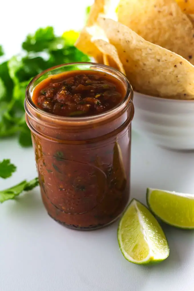 Chipotle and Jalapeno give this restaurant style salsa heat but it is kicked up a notch with fresh cilantro and lime juice.