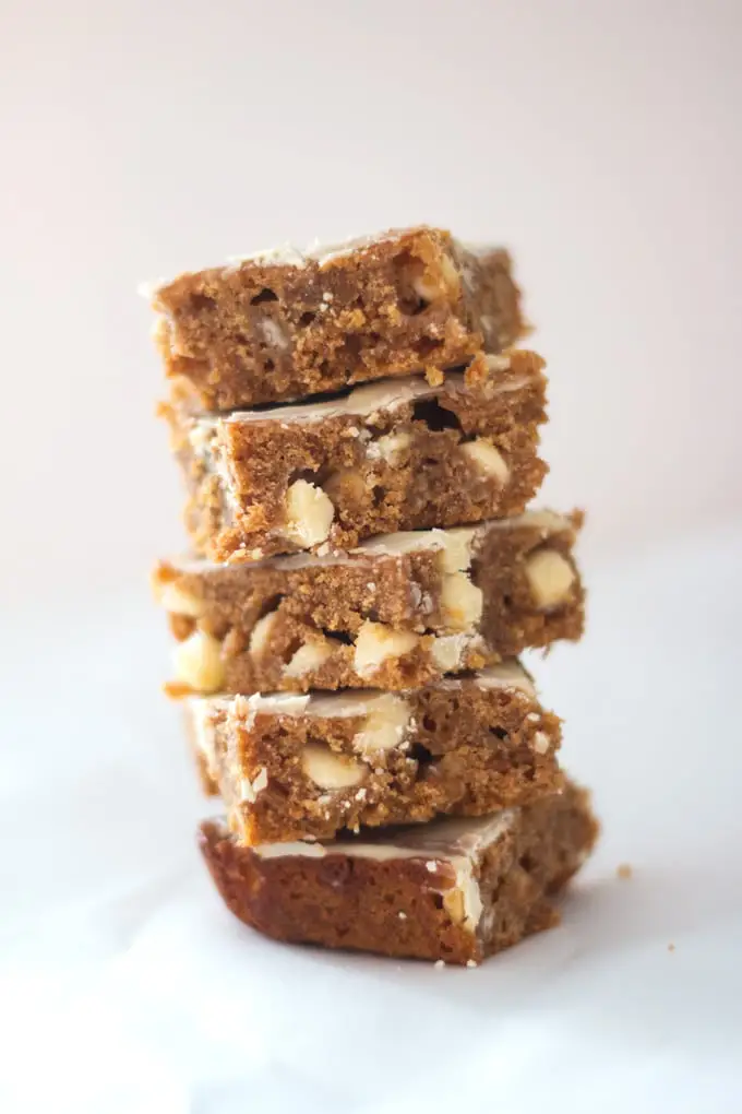 Just four ingredients and 20 minutes to make these easy and tasty gingersnap eggnog blondies.