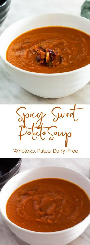 Easy, tasty Spicy Sweet Potato soup is the perfect comfort food for cold winter days. Whole30 and Paleo friendly.