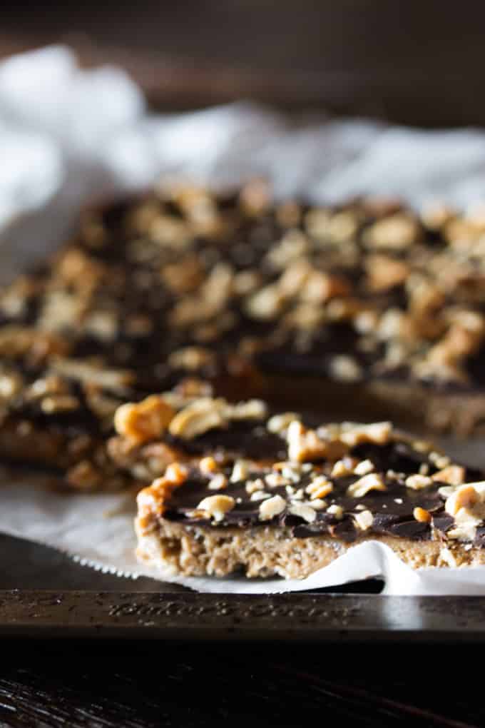 Chocolate Cashew Caramel Protein Bars are delicious and easy to make at home. Gluten Free, Dairy free and many swap options.