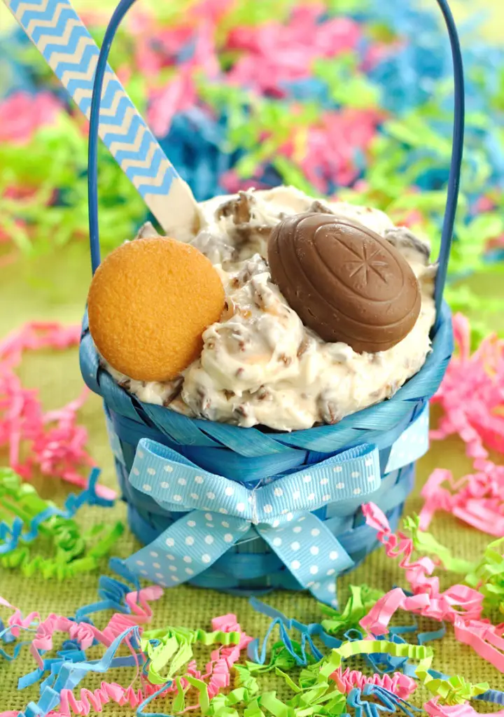 Dip served in blue easter basket.