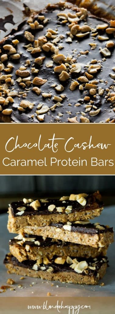 Chocolate Cashew Caramel Protein Bars are delicious and easy to make at home. Gluten Free, Dairy free and Vegan option.