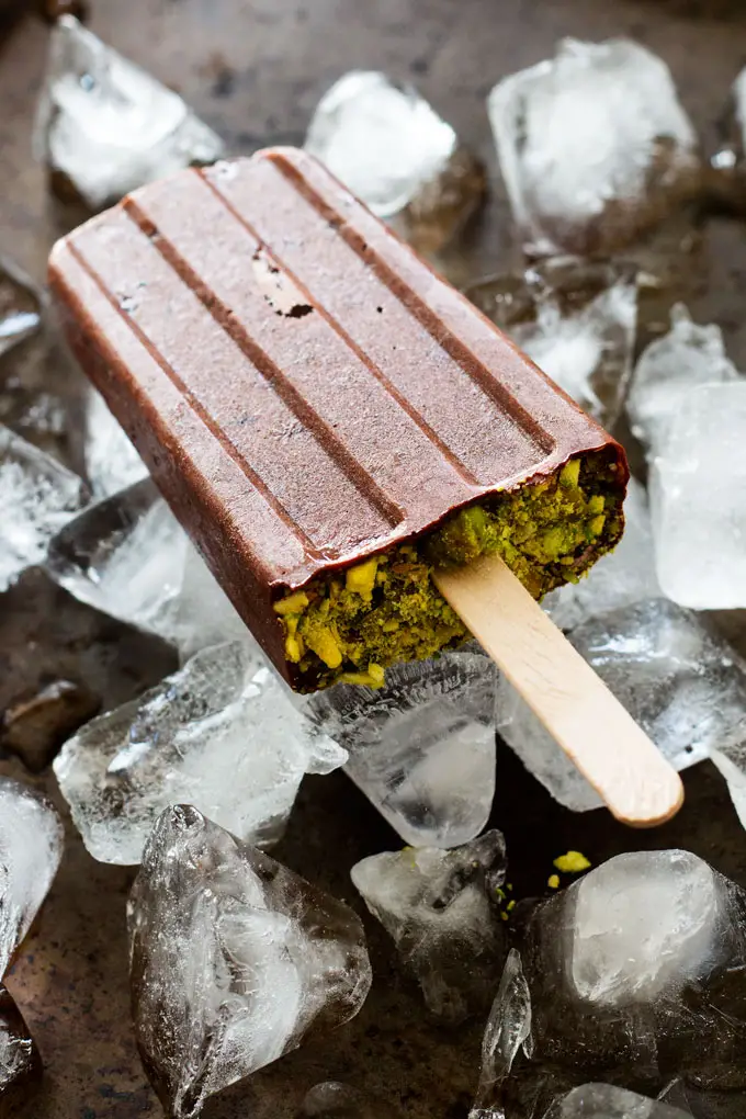 Chocolate Cherry Pistachio Paletas are a gluten-free, dairy-free, vegan treat that takes only 5 minutes of active prep.