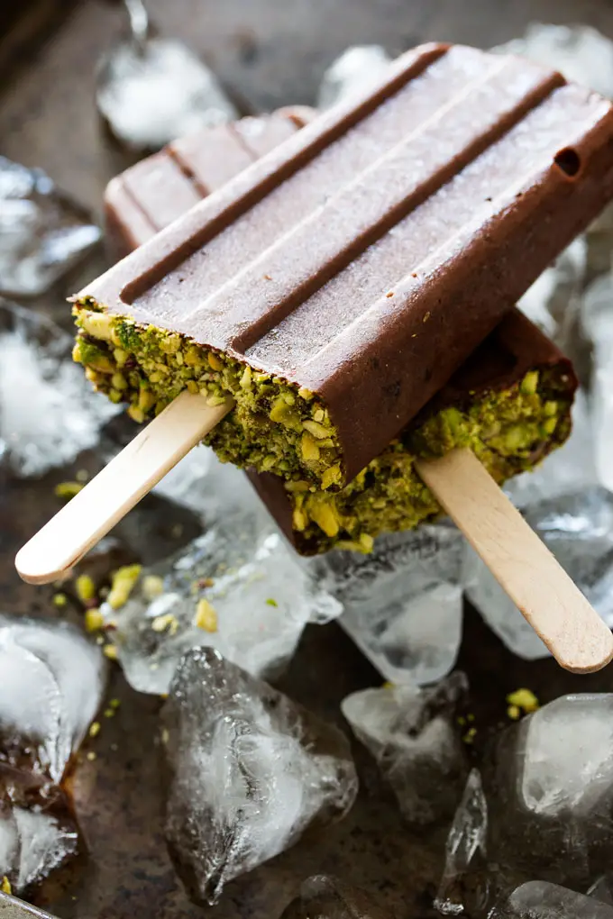 Chocolate Cherry Pistachio Paletas are a gluten-free, dairy-free, vegan treat that takes only 5 minutes of active prep.