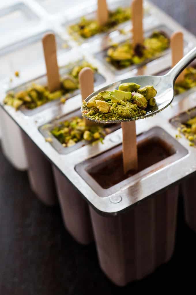 Chocolate Cherry Pistachio Paletas are a gluten-free, dairy-free, vegan treat that takes only 5 minutes of active prep.