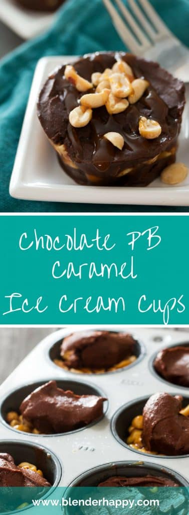 Chocolate Peanut Butter Caramel Ice Cream Cups start with delicious, creamy 4-ingredient nice cream and end topped with caramel sauce and peanuts.